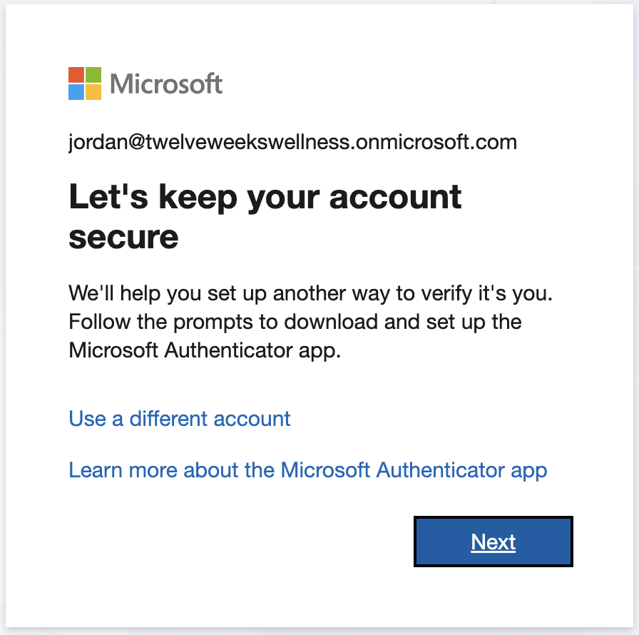 Let's keep your account secure screen — click Next to continue