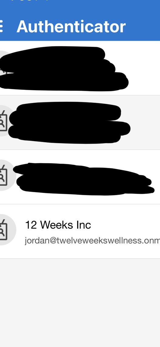 Microsoft Authenticator app showing the 12 Weeks Inc account has been added