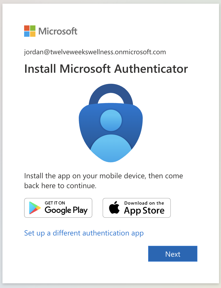 Install Microsoft Authenticator screen with App Store and Google Play links