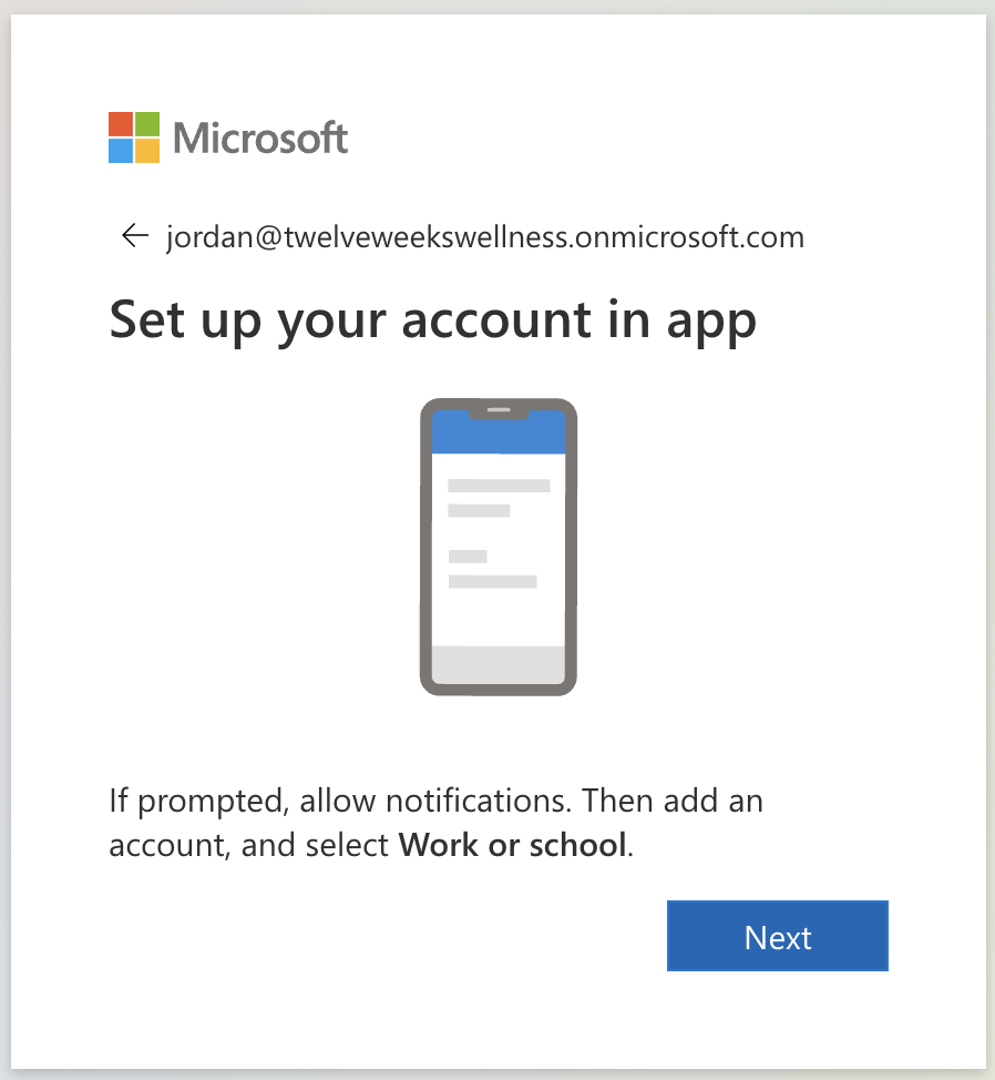 Set up your account in app screen — add an account and select Work or school