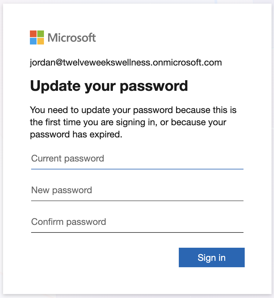 The Update Your Password screen showing current password, new password, and confirm password fields